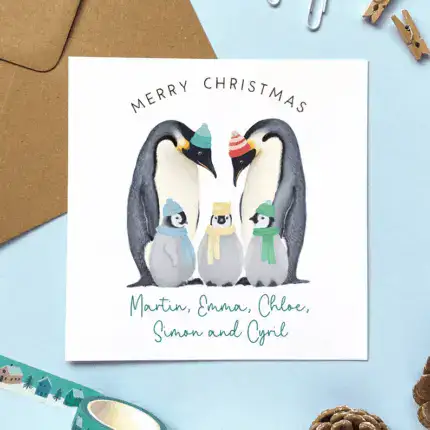 Personalised Penguin Family Christmas Card | Daughter, Son, Granddaughter, Grandson, Niece, Nephew, Two Children, Three Kids