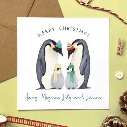 Personalised Penguin Family Christmas Card | Daughter, Son, Granddaughter, Grandson, Niece, Nephew, Two Children, Three Kids