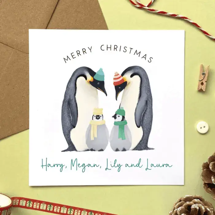 Personalised Penguin Family Christmas Card | Daughter, Son, Granddaughter, Grandson, Niece, Nephew, Two Children, Three Kids