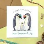 Personalised Penguin Family Christmas Card | Daughter, Son, Granddaughter, Grandson, Niece, Nephew, Two Children, Three Kids